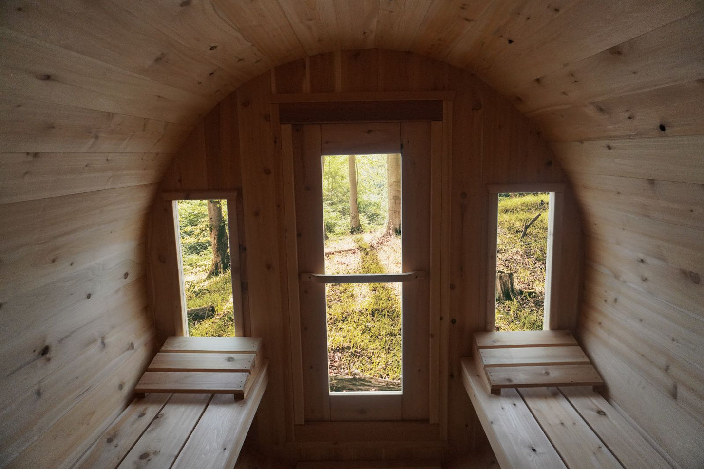 7x8 with porch Panoramic Barrel Sauna